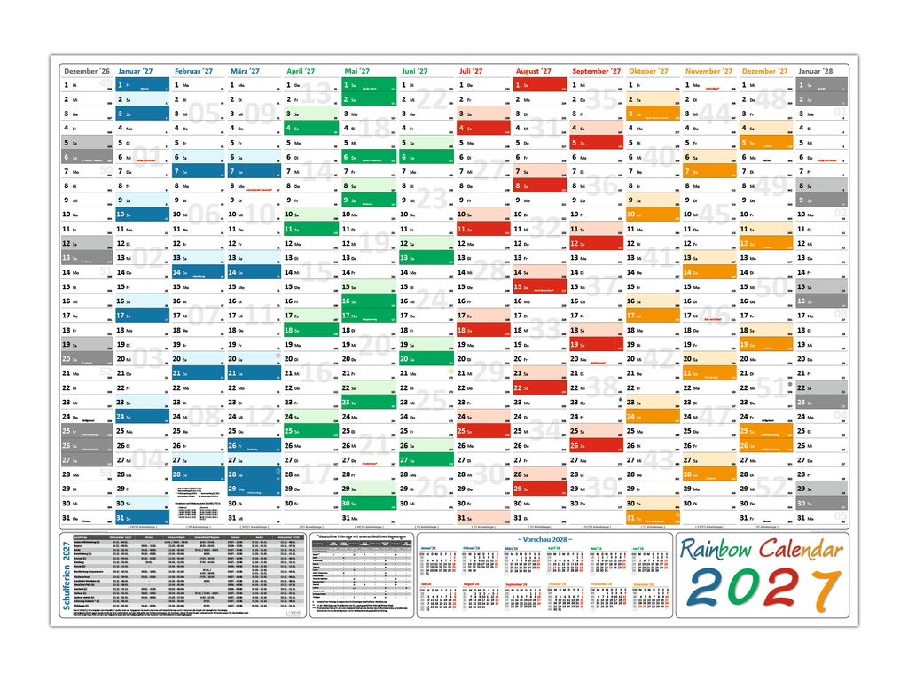 Rainbow Wandkalender / Wandplaner 2027 (gerollt) DIN A0 Format (841 x 1189 mm) 14 Monate, komplette Jahresvorschau Folgejahr und Ferientermine / Fe...