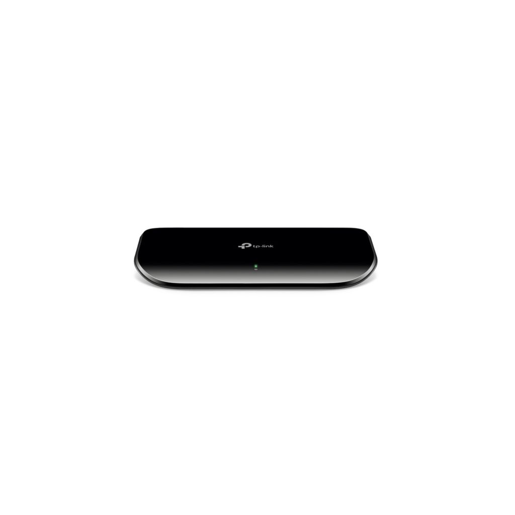 A black TP-Link desktop switch is shown on a white background.