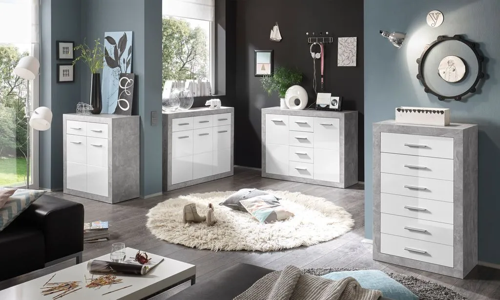 Buffet laqué blanc brillant style industriel béton avec rangements - 15