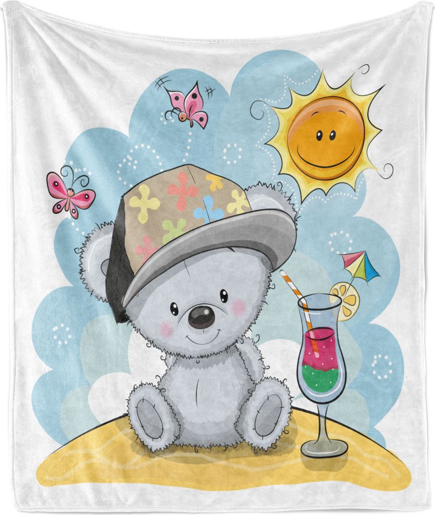 ABAKUHAUS Lustiger Bär Weich Flanell Fleece Decke, Sommerzeit Illustration mit Schmetterlingen Lächelnde Sonne und einem frischen Cocktail, 175 x...