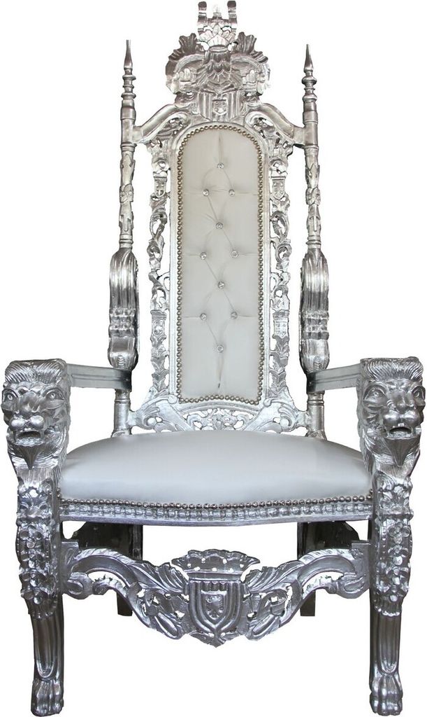 Casa Padrino Barock Thron Sessel Silber / Weiß Lederoptik mit Bling Bling Glitzersteinen - Königssessel- Hochzeitssessel - Riesensessel