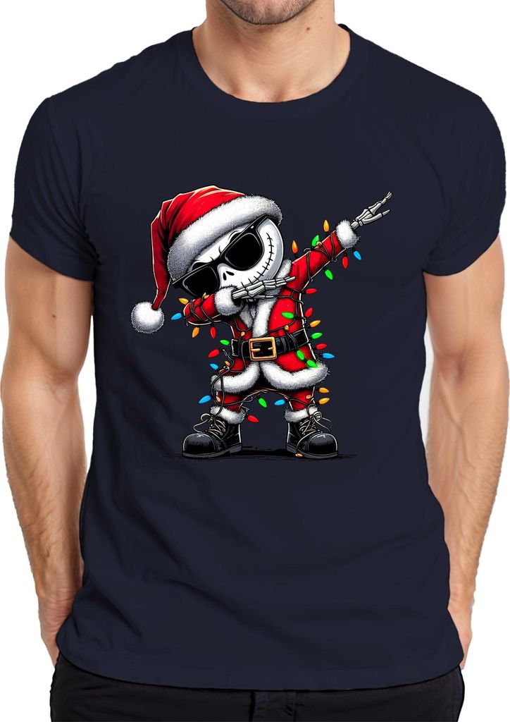 Dabbing Skelett Jack Skellington Weihnachtsmann Lichterkette Herren T-Shirt, Navy, S