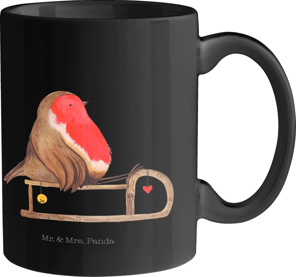 Mr. & Mrs. Panda Kaffeebecher Rotkehlchen Schlitten - Schwarz - Geschenk, Kaffeetasse, schöne tasse, Becher, Trinkbecher, Weihnachten, Vogel