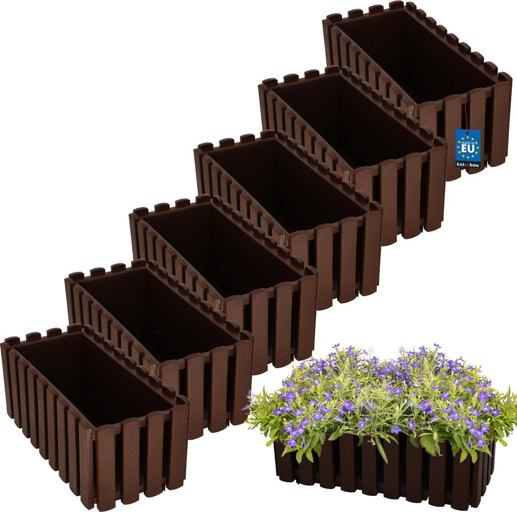 KOTARBAU 6er Set Blumenkasten Blumentopf 38x18x16 cm Braun Kunststoff Pflanzkasten Balkonkasten Pflanzkübel Rechteckig Übertopf Groß Blumenkas...