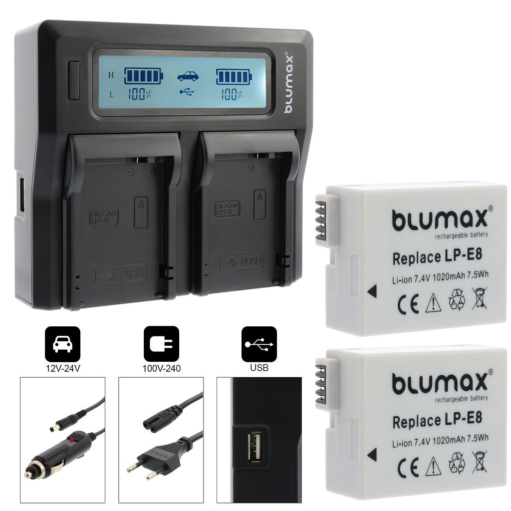 2x Akku + Lader für Canon LP-E8 EOS 550D 650D 700D Rebel T3i 1020 mAh (3,6V)