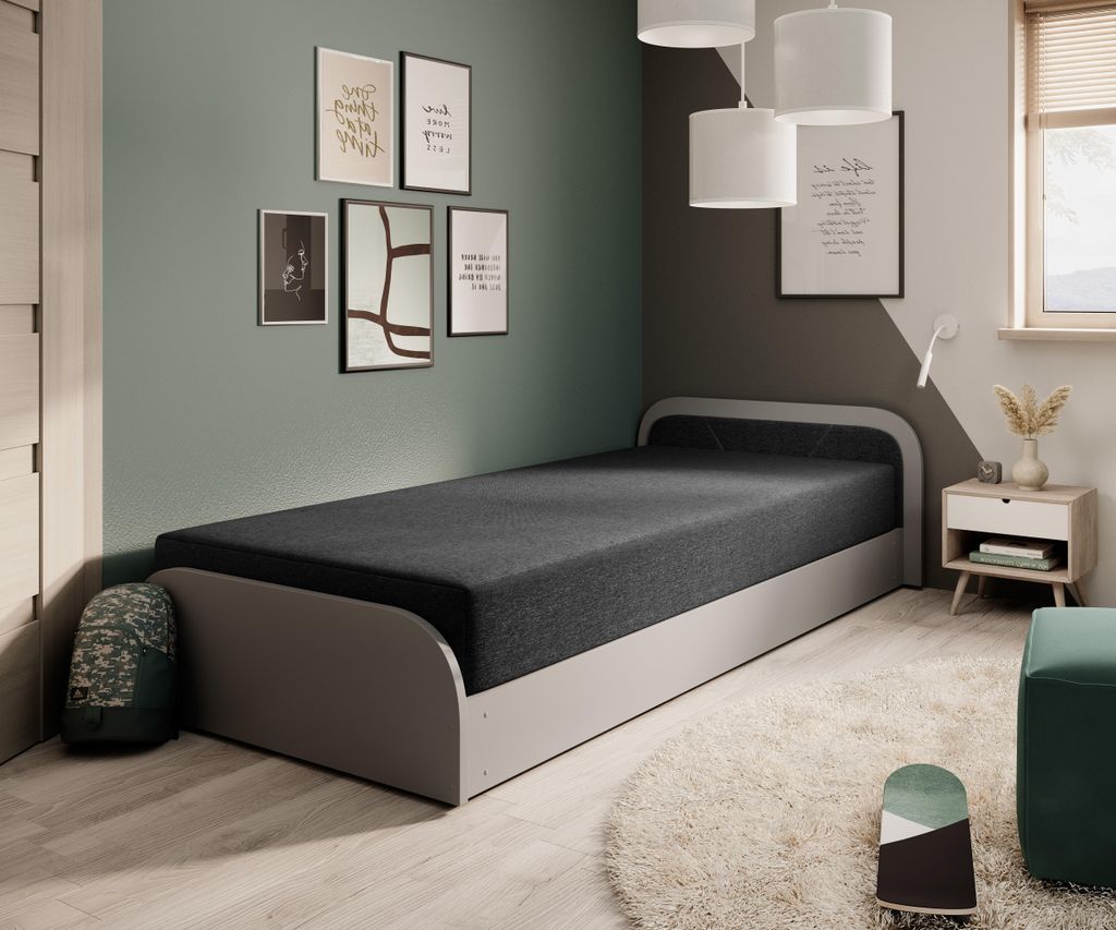 Krudox PARS Jugendbett 80x190 cm Schwarz/Grau Rechts Polsterbett Einzellbett mit Bettkasten Kopfteil Holzrahmen Kinderbett