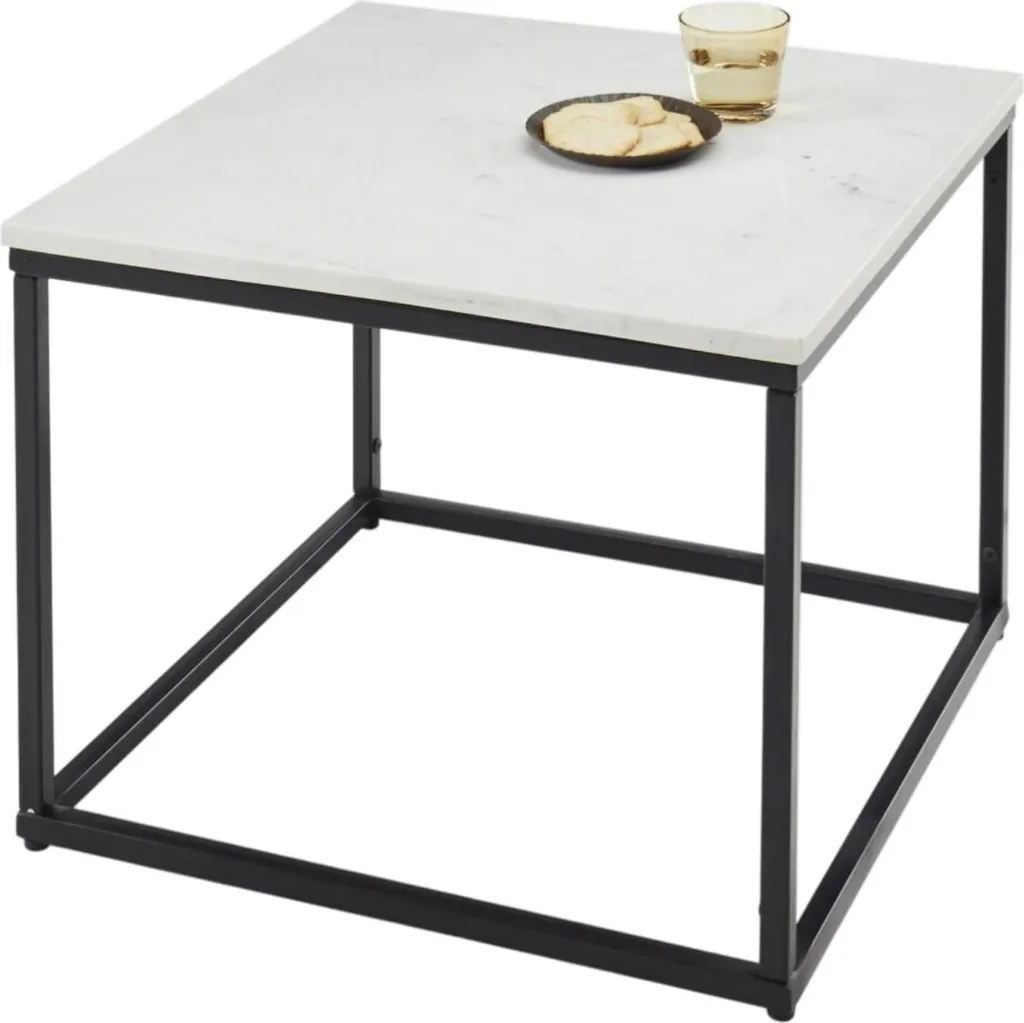Bout de canapé Samy carré 60x60 cm en marbre blanc et structure noire