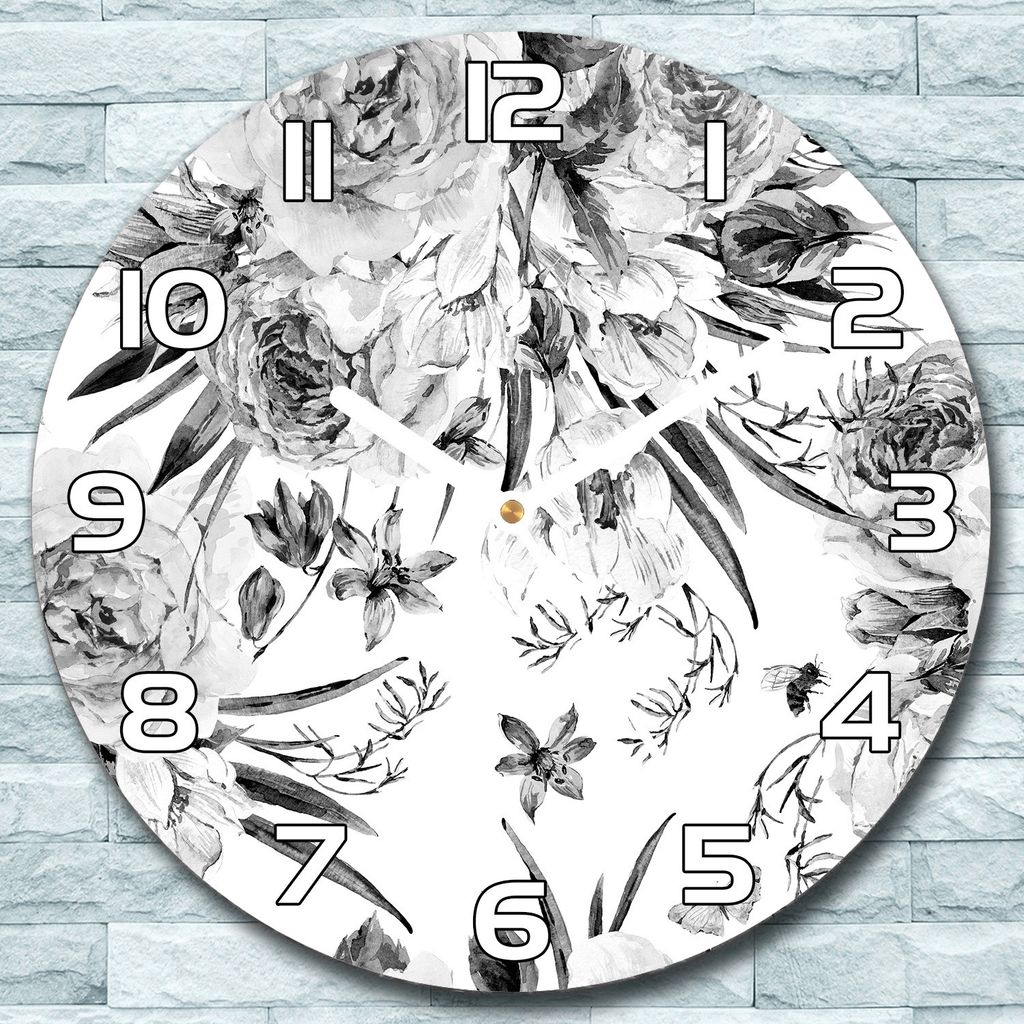 Wanduhr aus Glas Rund fi 30 Grauer Blumenstrauß Quarz Deko Produktbild 