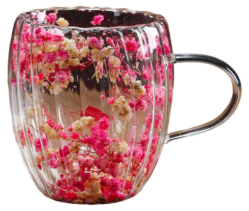 Doppelwandiger Glasbecher mit Trockenblumen, 250/350 ml, hitzebeständiger Henkel, Kaffeetasse für Heißgetränke, einzigartiges, kunstvolles Glas.