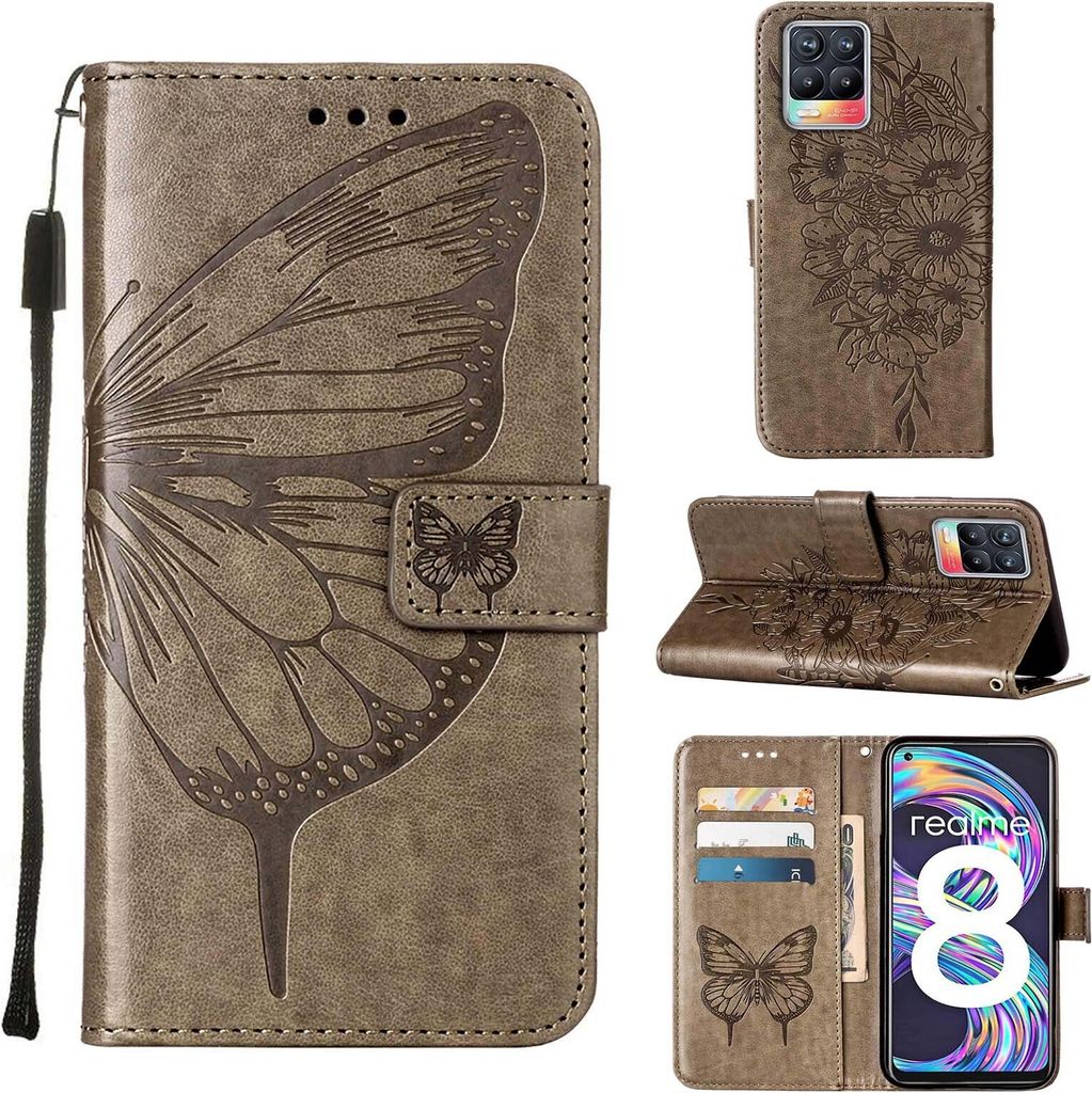 OPPO Realme 8 Hülle, Schmetterling Prägung Flip Leder Kartenfächer Schutzhülle Ledertasche mit Ständer für OPPO Realme 8 / Realme 8 Pro Grau