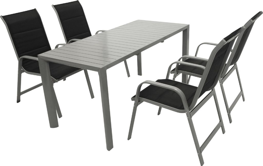 TPFGarden GARTEN-GARNITUR Ashford - 5-teilige Garten-Essgruppe (4x Stapelsessel Hochlehner Aluminium silbergrau + Textilgewebe gepolstert schwarz, ...