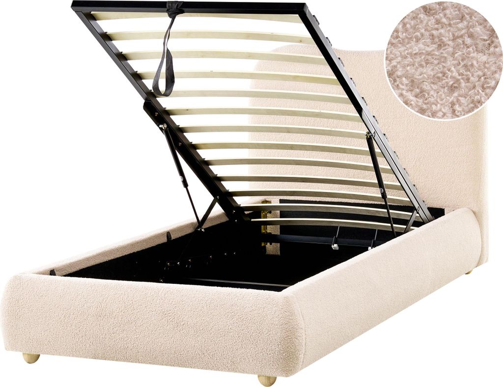 BELIANI Bett mit Bettkasten Hellbeige Bouclé Gepolstert 90 x 200 cm Lattenrost Hochklappbar Hohes Kopfteil Modern Schlicht Schlafzimmer Polsterbett