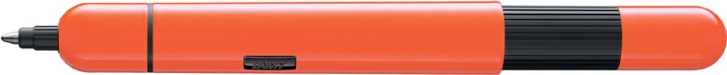 A close-up studio shot of an orange and black pen against a white background.