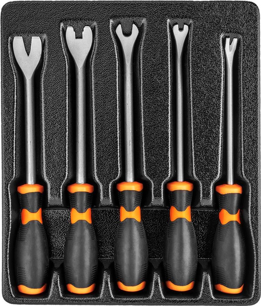 NEO TOOLS Lösehebel-Satz für Polster, 5 verschiedene Abzieher für Polsterklammern; ergonomische Griffe; in einem Koffer