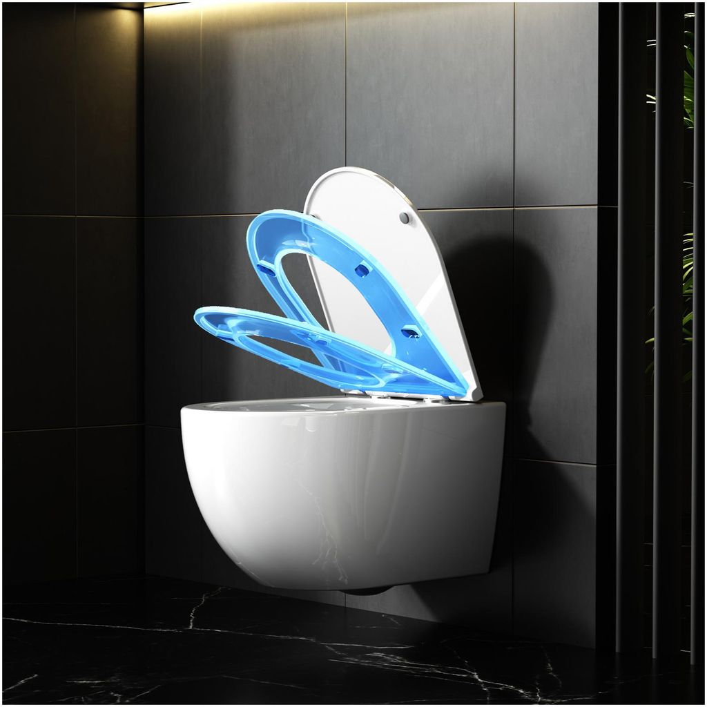 A modern, wall-hung toilet with a blue toilet seat lid open, set against a dark tiled wall and a dark marble floor.