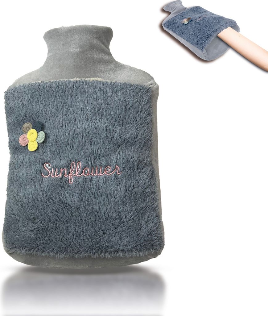 Wärmflasche 2.0L mit Deckel und Kuschelweichem Fellbezug, Kängurutasche - Auslaufsicher, Bettflasche mit weichem Abnehmbarem Bezug, ideal zur Sch...