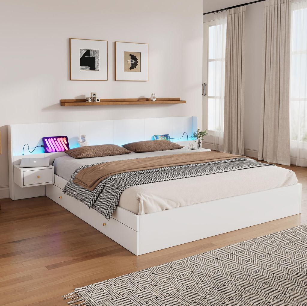 Sweiko Doppelbett 180x200cm, Doppelbett,holzbett,Jugendbett,mit USB-Schnittstelle,mit LED-Beleuchtung und Steckdose,steuerbar per Mobile APP,2 Nach...