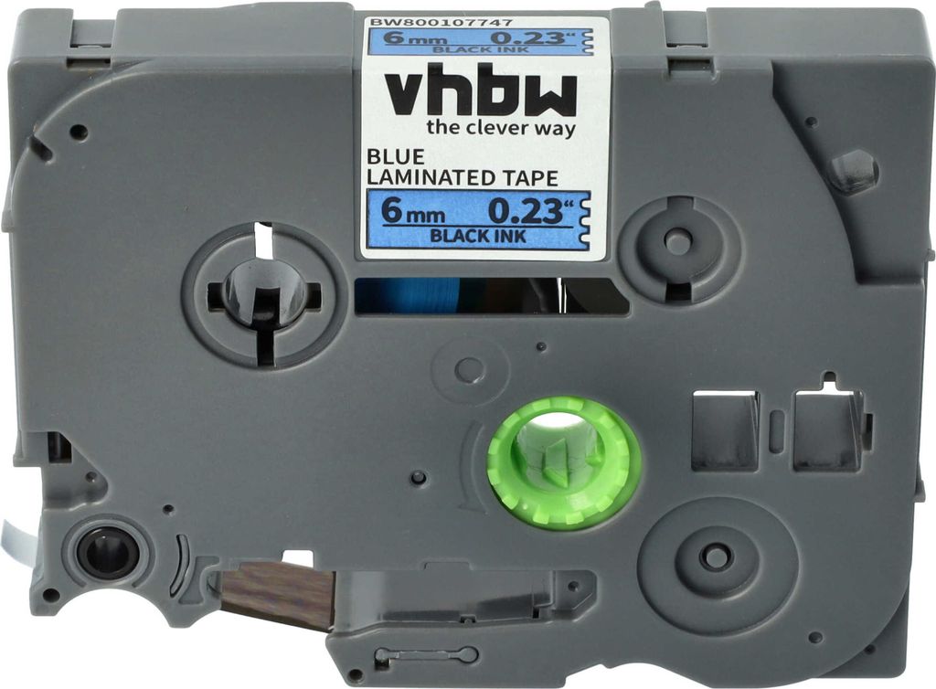 vhbw Schriftband-Kassette kompatibel mit Brother PT D600, D600VP, D450, D450VP, H100LB, E100, E100VP Etiketten-Drucker 8m x 6mm Schwarz auf Blau