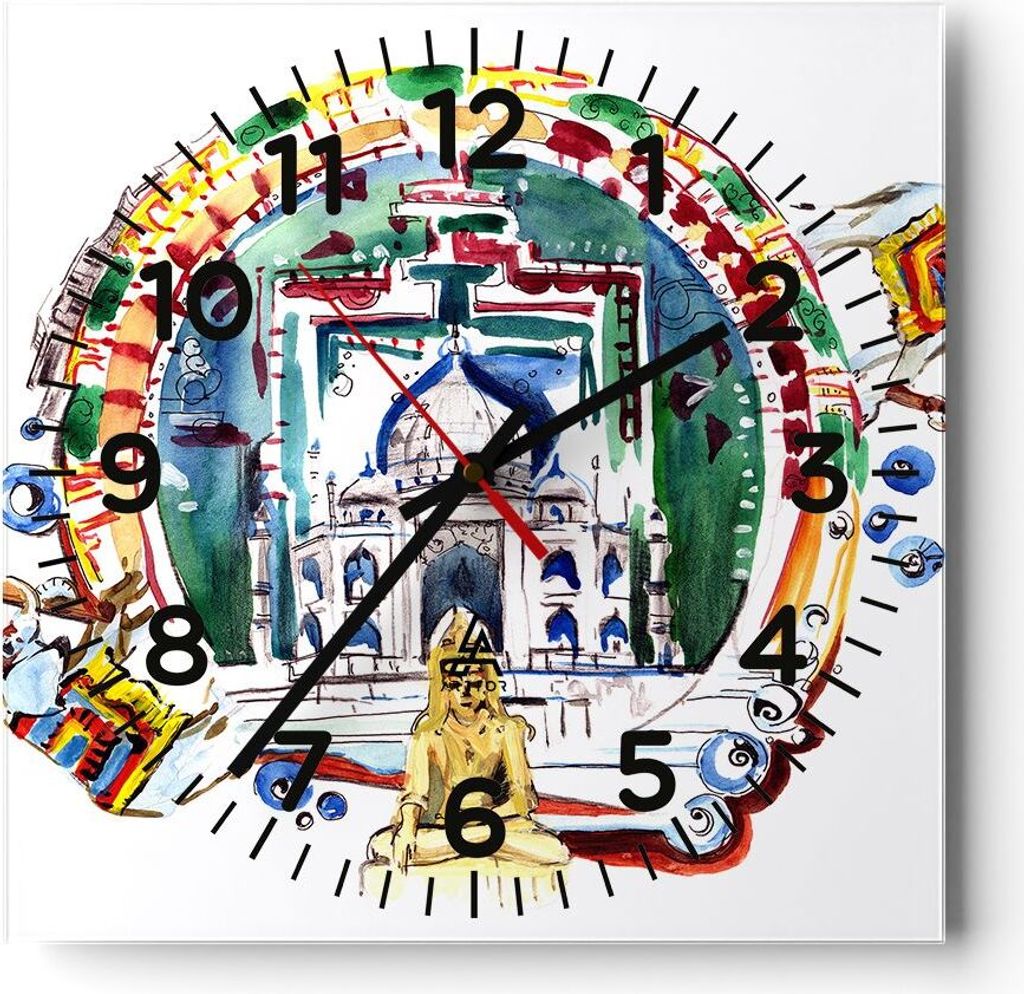 Wanduhr - Quadrat - Glasuhr - Elefanten Indien Religion Kultur - 30x30cm - Schleichendes Uhrwerk - Lautlos - zum Aufhängen bereit - Dekoration Mod...