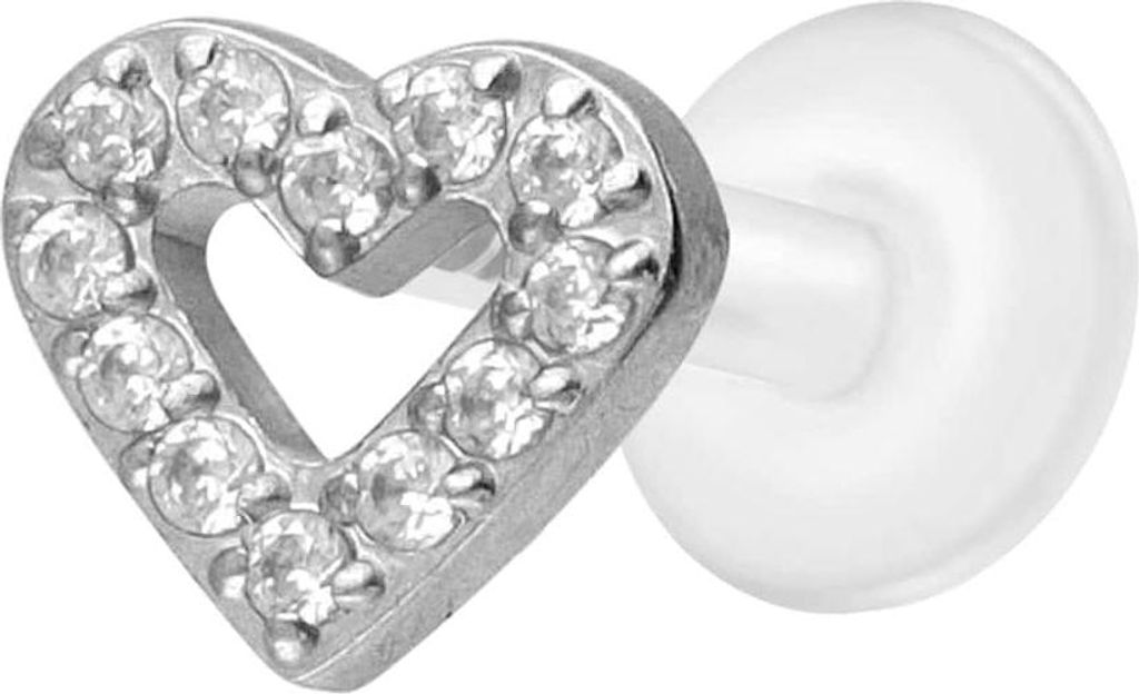 Ohrpiercing, Nasenpiercing PTFE Labret mit Innengewinde + Titan-Aufsatz KRISTALLHERZ Silber Stablänge: 6mm | Stabstärke: 1,2mm
