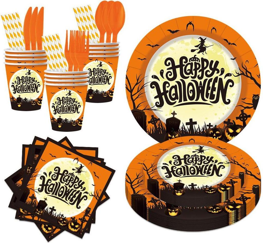 Halloween Party Set Einweggeschirr, Pappteller & Becher, Servietten, Besteck, Deko-Set
