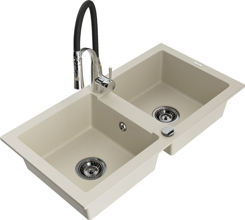 Mexen Mario 2-Becken-Granitspüle mit Mischbatterie Aster, Beige - 6504-69-73450-07-B