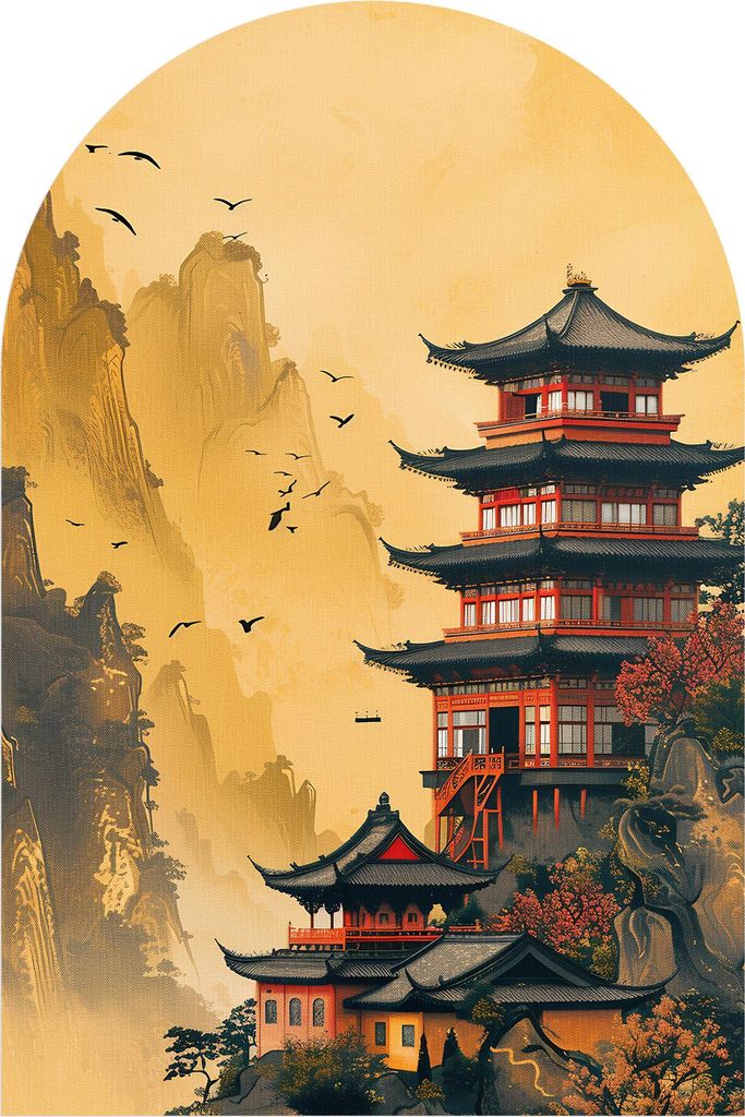 DEQORI Fototapete Rundbogen 100x150 cm 'Mystische Pagode' Wand Tapete Leinwand Sticker