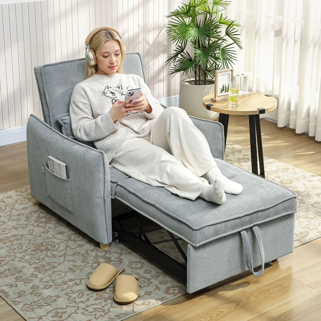 Chauffeuse convertible 1 place, fauteuil-lit en chenille grise douce - 3