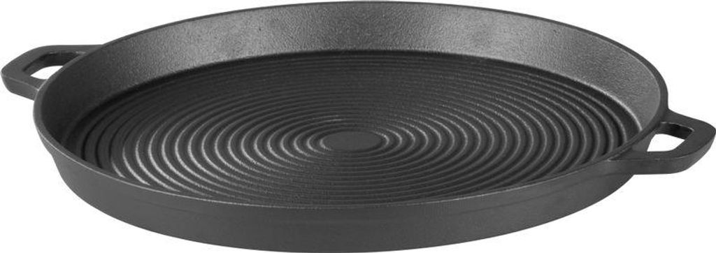 A cast iron grill pan with concentric ridges on a white background.