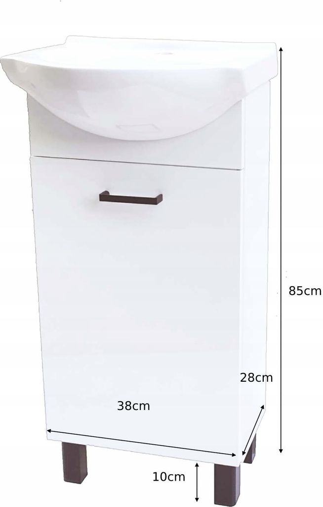 A white bathroom cabinet with a sink on top, shown with dimensions.