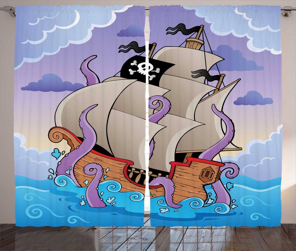 ABAKUHAUS Tintenfisch Rustikaler Vorhang, Tentakeln und Piratenschiff, Wohnzimmer Universalband Gardinen mit Schlaufen und Haken, 280 x 245 cm, Fli...