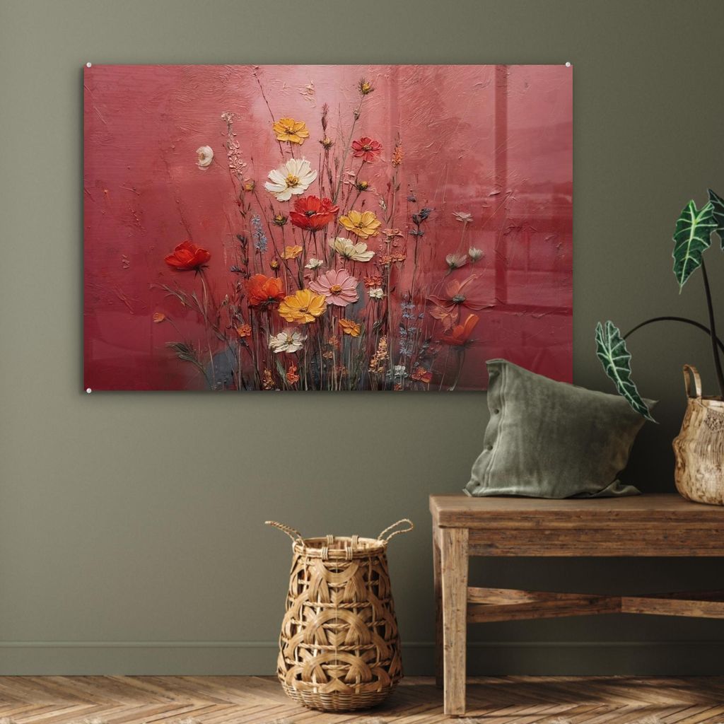 MuchoWow Glasbilder - Bilder auf Wandbild - Foto auf Glas Blumenbouquet - Tiefe - Spürbare Textur 90x60 cm Wanddekoration aus Glas - Acrylglasbild...