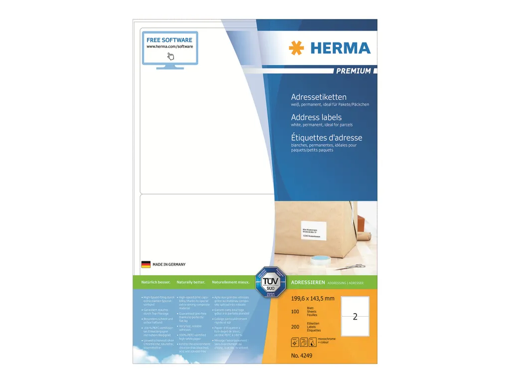 HERMA Premium - Etichette permanenti autoadesive in carta laminata opaca - bianco - 199,6 x 143,5 mm - 200 etichette (100 fogli x 2) (4249)
