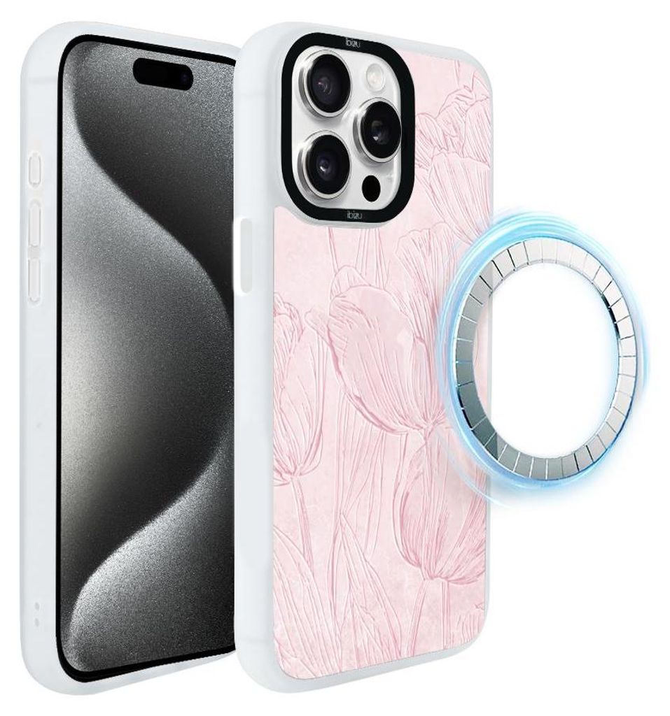 Schutzhülle für das iPhone 15 Pro, MagSafe-kompatibel, mattweiße Seiten, rosa Tulpen