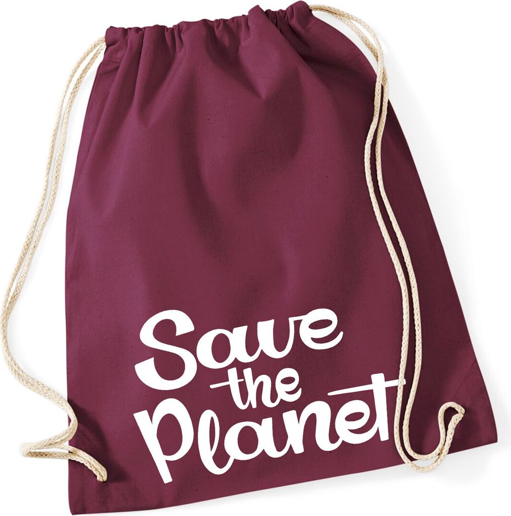 Huuraa Turnbeutel Save the Planet Schriftzug 12 Liter Burgundy Baumwolle Rucksack Geschenkidee