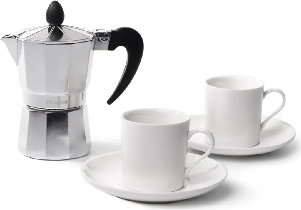 Macchina per caffè espresso Fissman e set di due tazze da portata, alluminio/porcellana, argento/bianco