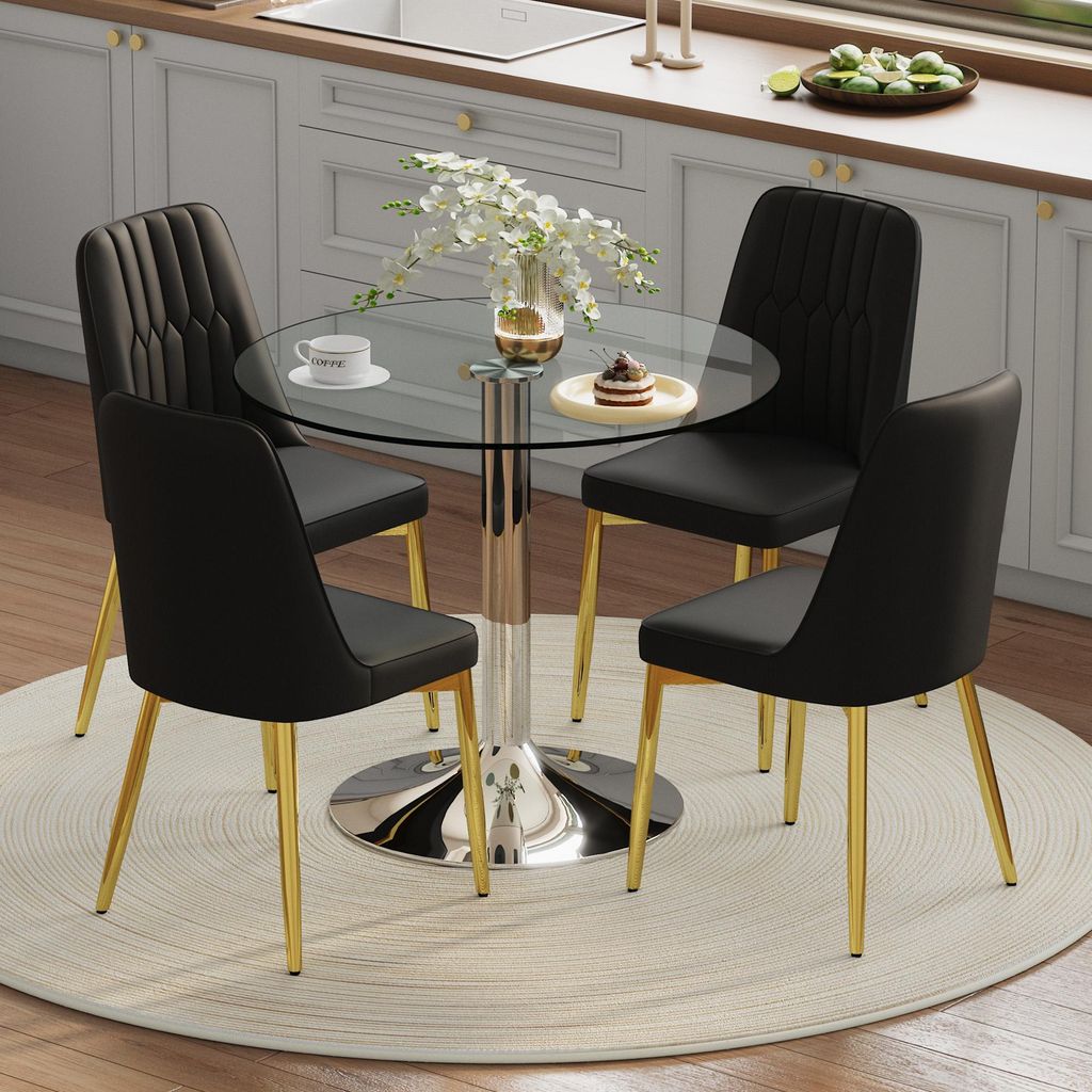 MODFU Esszimmerstuhl Set,4er-Set Schwarz Küchenstuhl und Transparenter Glastisch,Esstisch 85 cm mit silbernen Metallbasis,Esszimmerstuhl mit 4 gol...