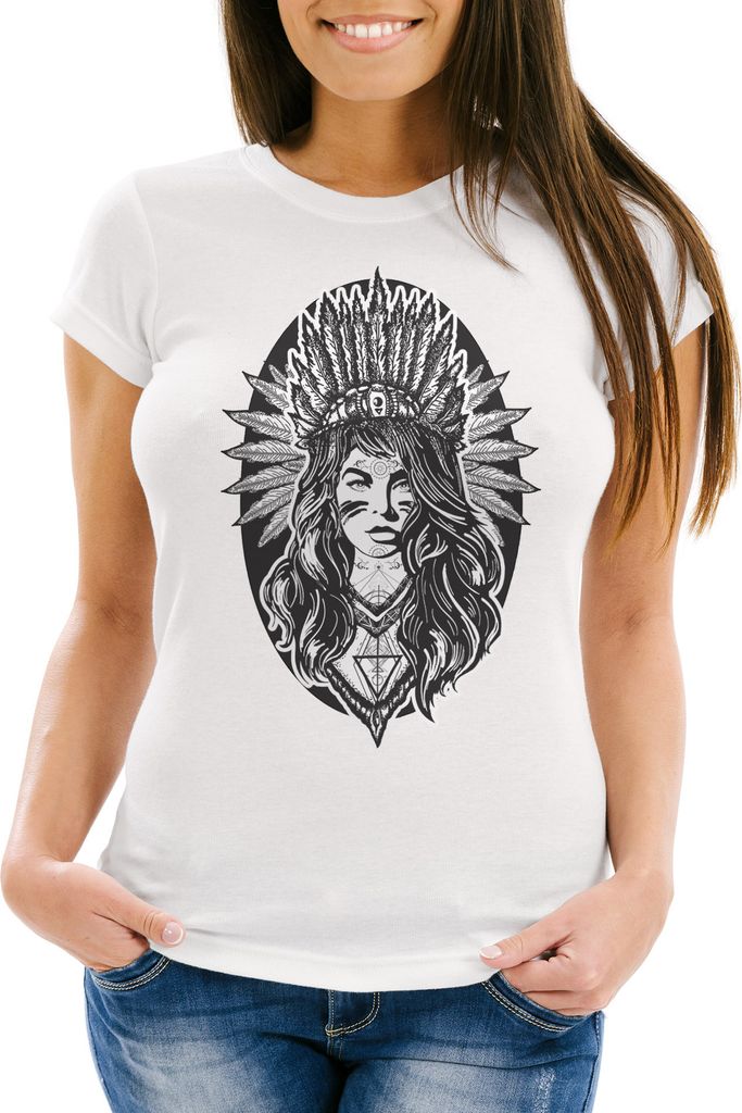 Modisches Damen T-Shirt Indianer Frau Slim Fit Neverless weiß XL
