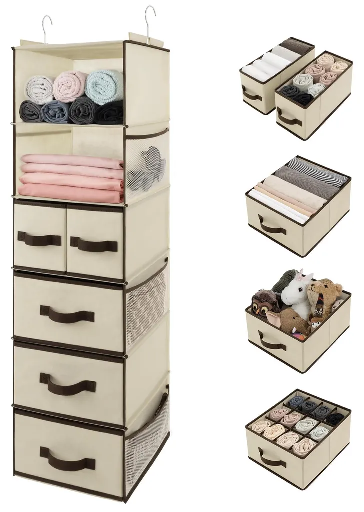 Organiseur suspendu monobloc pour penderie beige avec tiroirs de rangement