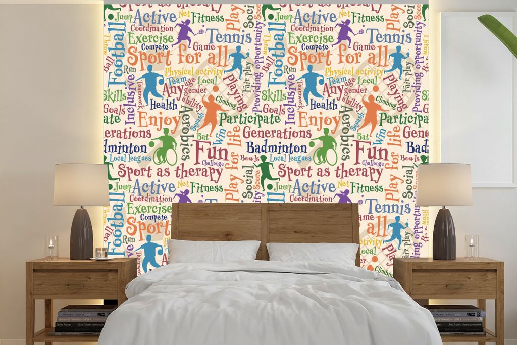 MuchoWow Fototapete für Wohnzimmer oder Schlafzimmer Wandtapete Vinyl Motivtapete Muster - Sport - Alphabet - Zitate - 240x240 cm - Schlafzimmer...