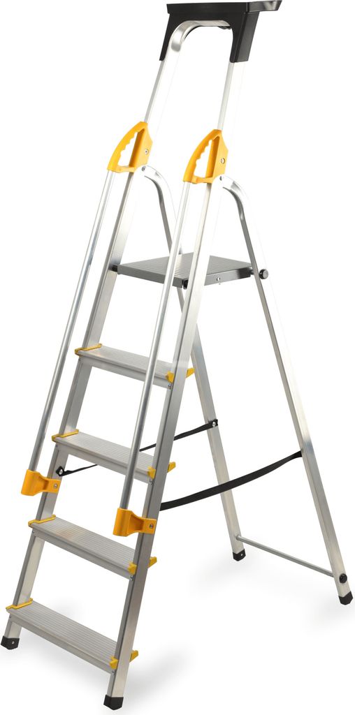 A silver aluminum ladder with yellow accents is shown against a white background.