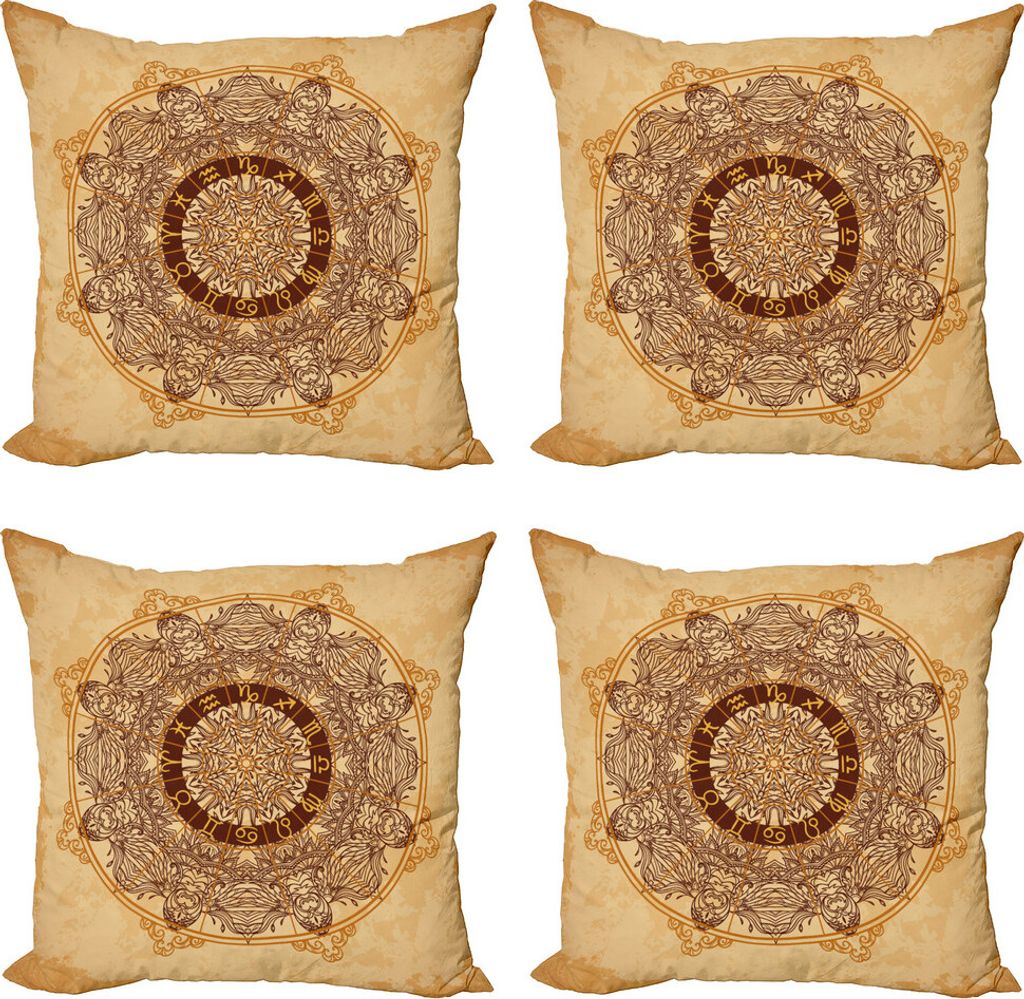 ABAKUHAUS Tierkreis Kissenbezug Set (4 Stück), Astrologie Aged, Moderner Doppelseitiger Digitaldruck, 45 cm x 45 cm, Tan Brown