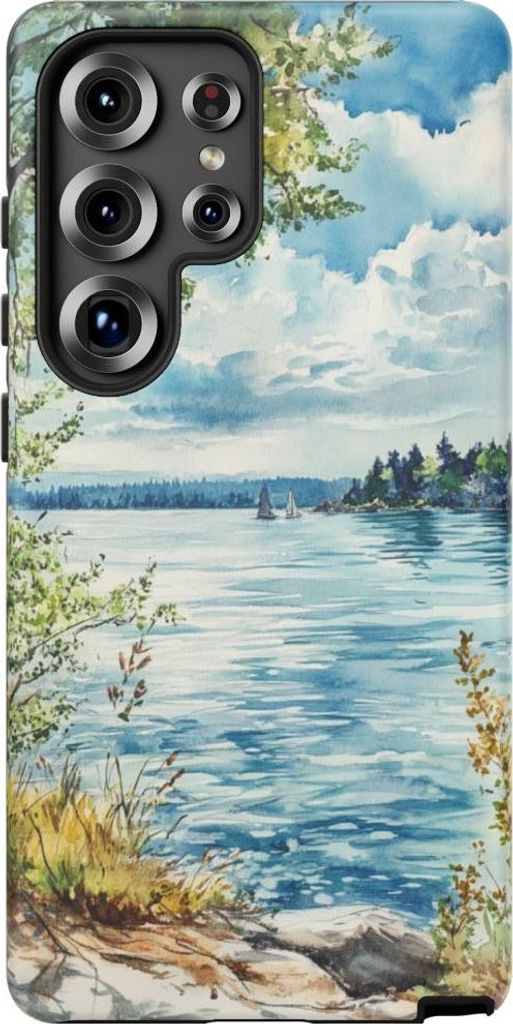 Aquarell-Landschaft mit See, Bäumen und Segelbooten – Hülle Kompatibel mit Galaxy S25 Ultra