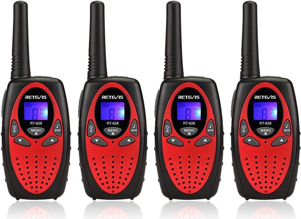 Four red and black walkie-talkies are lined up against a white background.