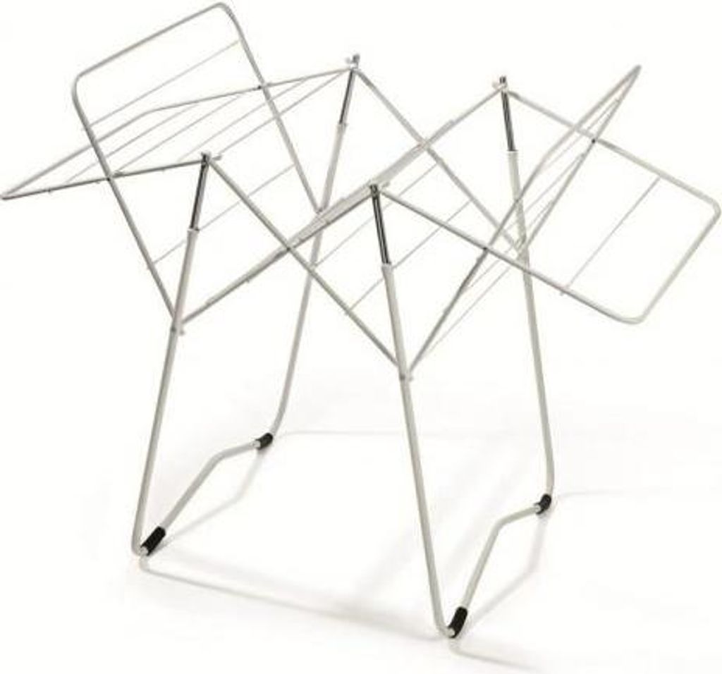 A white metal drying rack for clothes, shown from a slightly elevated angle.