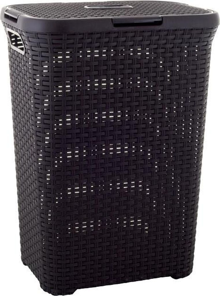 A brown laundry basket with a lid.