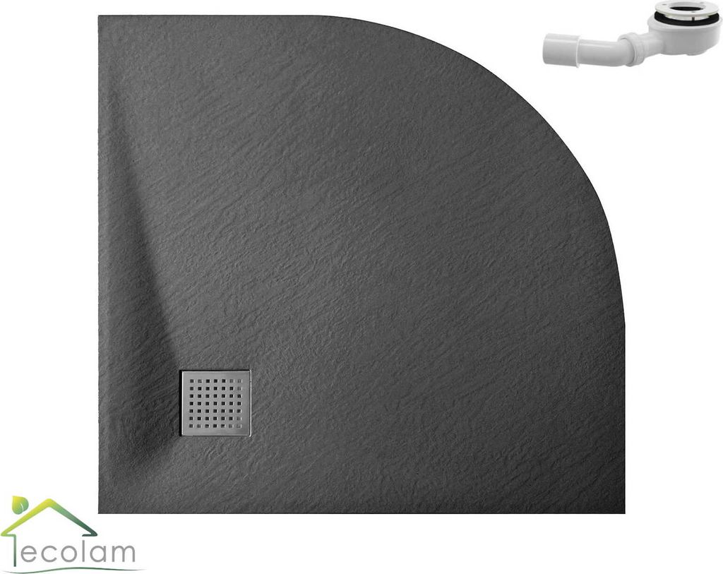 ECOLAM Duschwanne Duschtasse Vexo schwarz 90x90 cm R55 Viertelkreis flach Stein Effekt Siphon