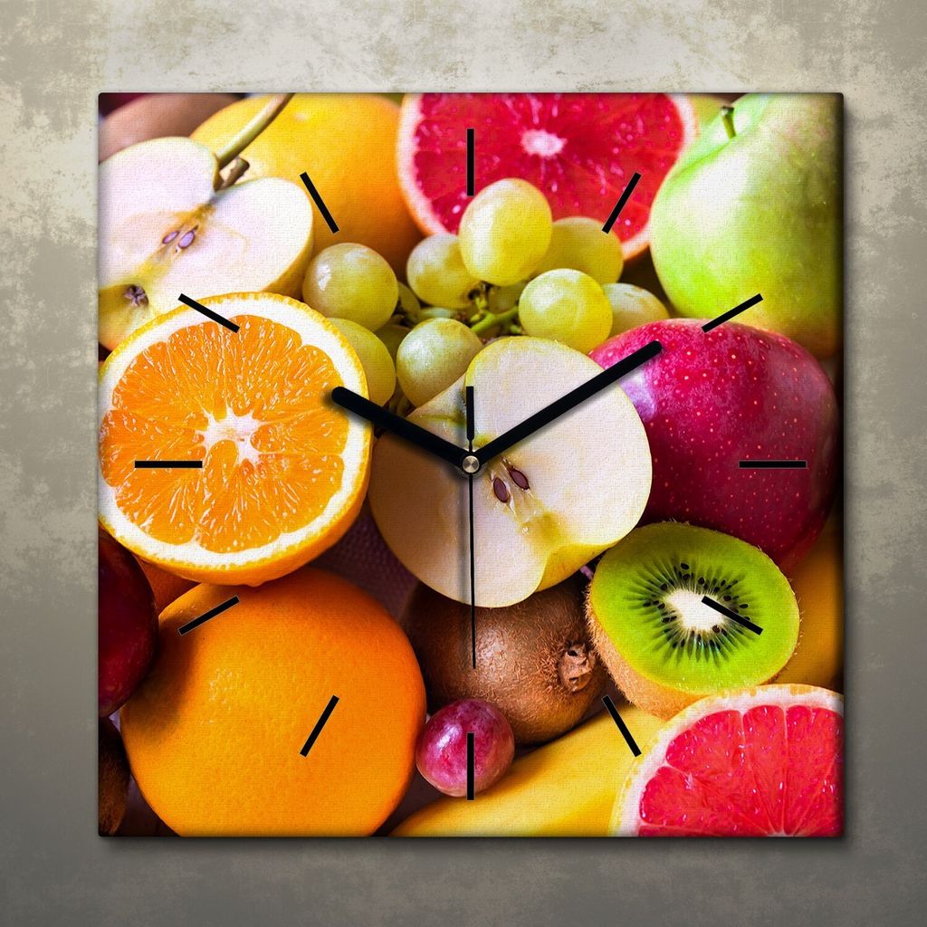 Wohnzimmer Leinwand Uhr Geräuschlos Küche 30x30 Farbige, Früchte, Motive, schwarze Zeiger