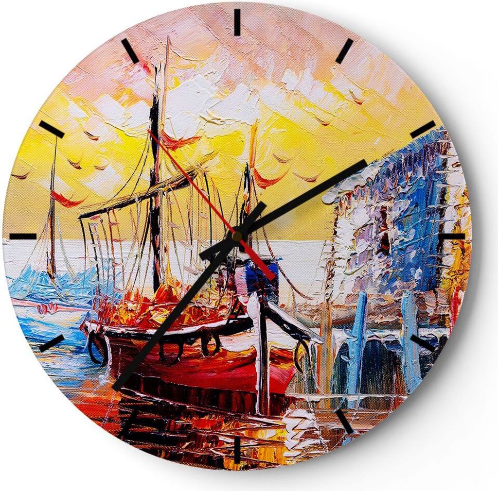 Wanduhr - Rund - Glasuhr - Boot Segel Meer - 30x30cm - Schleichendes Uhrwerk - Lautlos - zum Aufhängen bereit - Dekoration Modern - Wanddekoration...