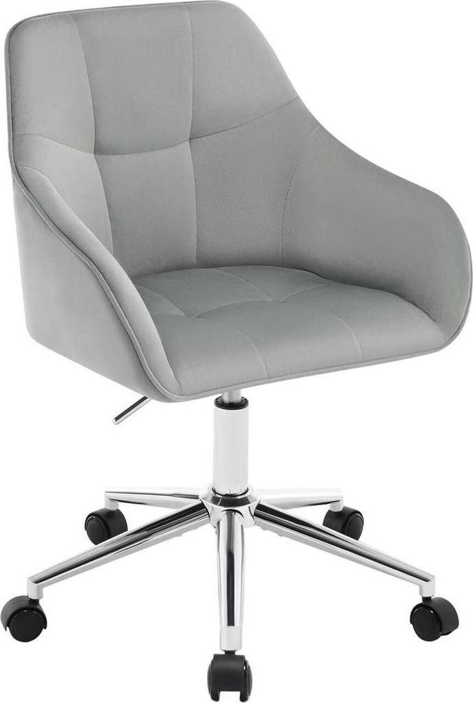 A light gray office chair with a chrome base and wheels, shown from a front-side angle against a white background.